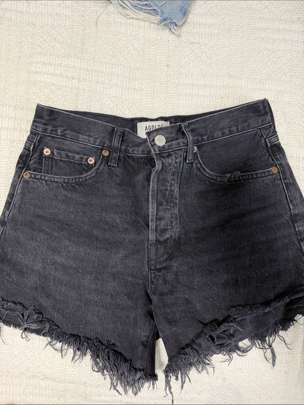 AGOLDE Washed Black Frayed Hem High-Rise Denim Shorts